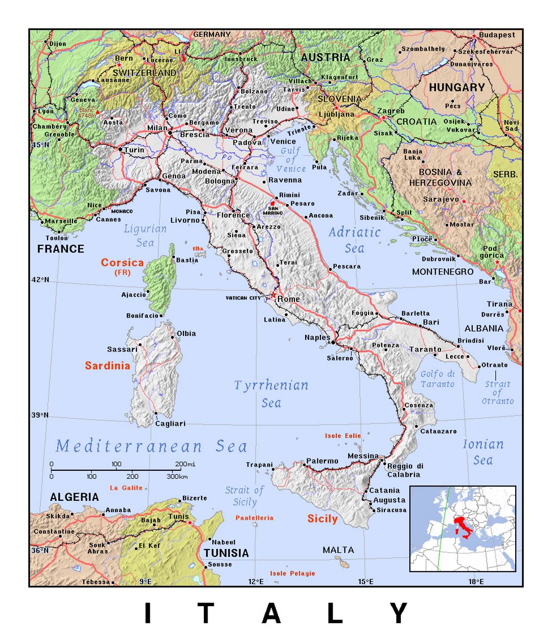 Mapa político detallado de Italia, con el alivio