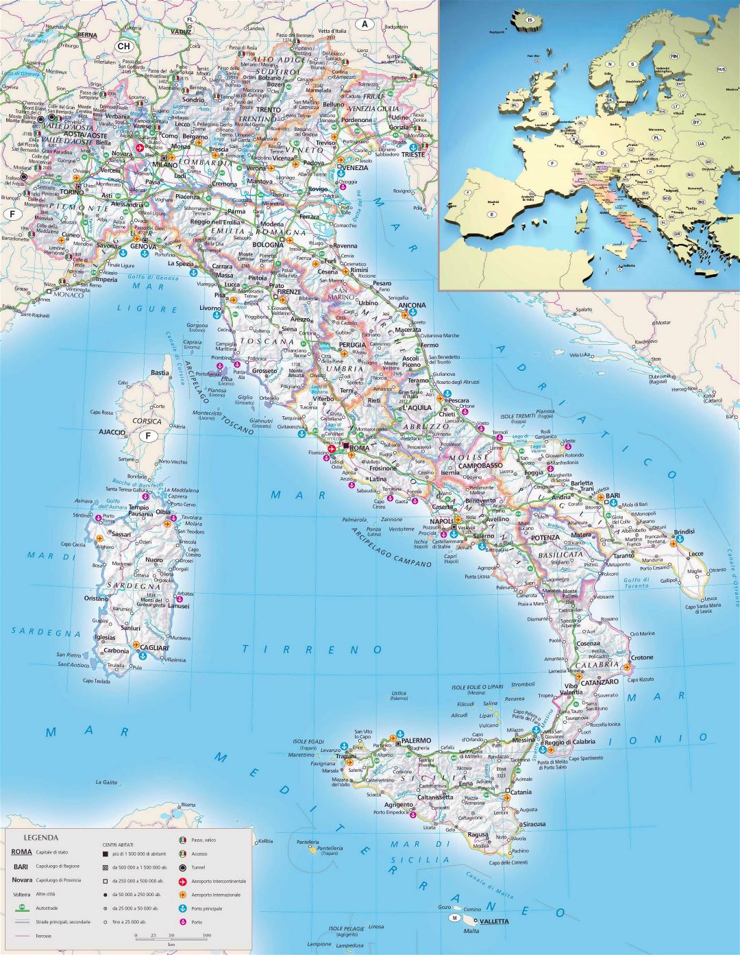 Mapa político y administrativo a gran escala de Italia, con alivio, carreteras, ciudades, puertos marítimos, aeropuertos y otras marcas