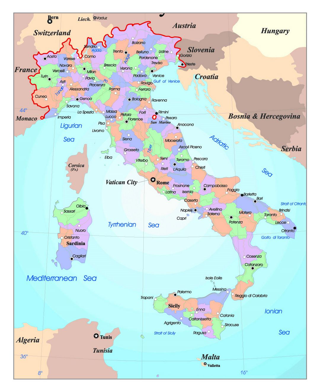 Mapa político y administrativo detallado de Italia, con las principales ciudades