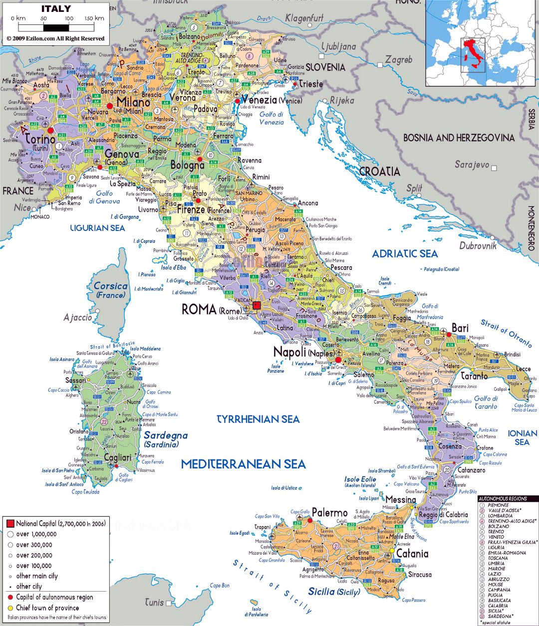 Mapa político y administrativo grande de Italia, con carreteras, ciudades y aeropuertos