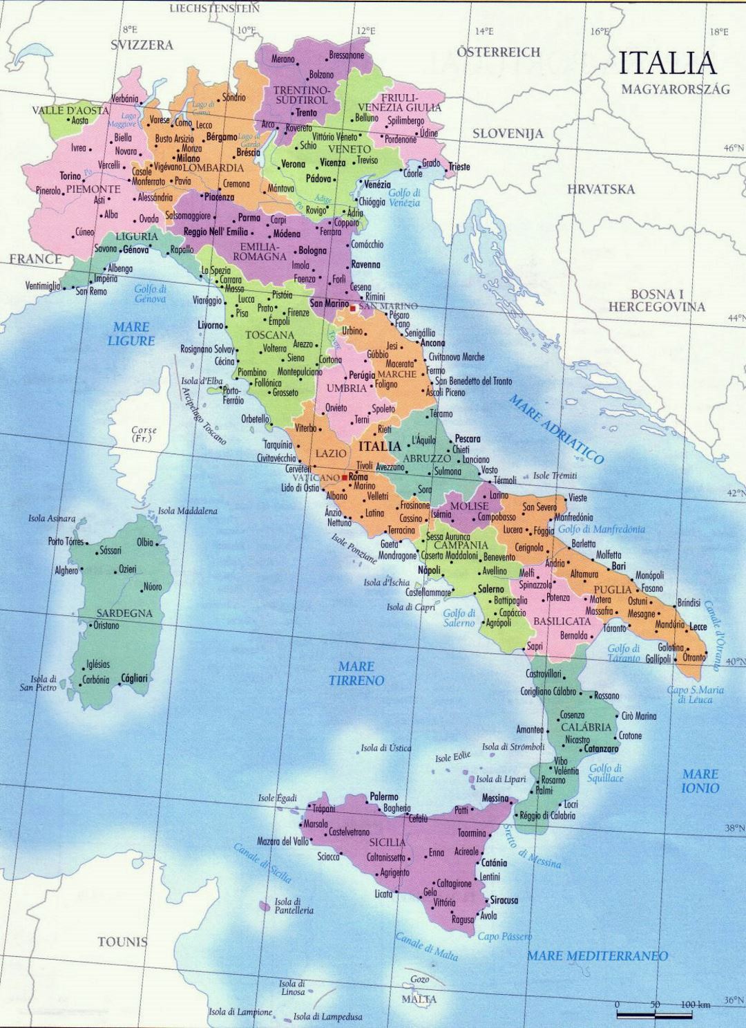 Regiones mapa detallado de Italia, con las principales ciudades