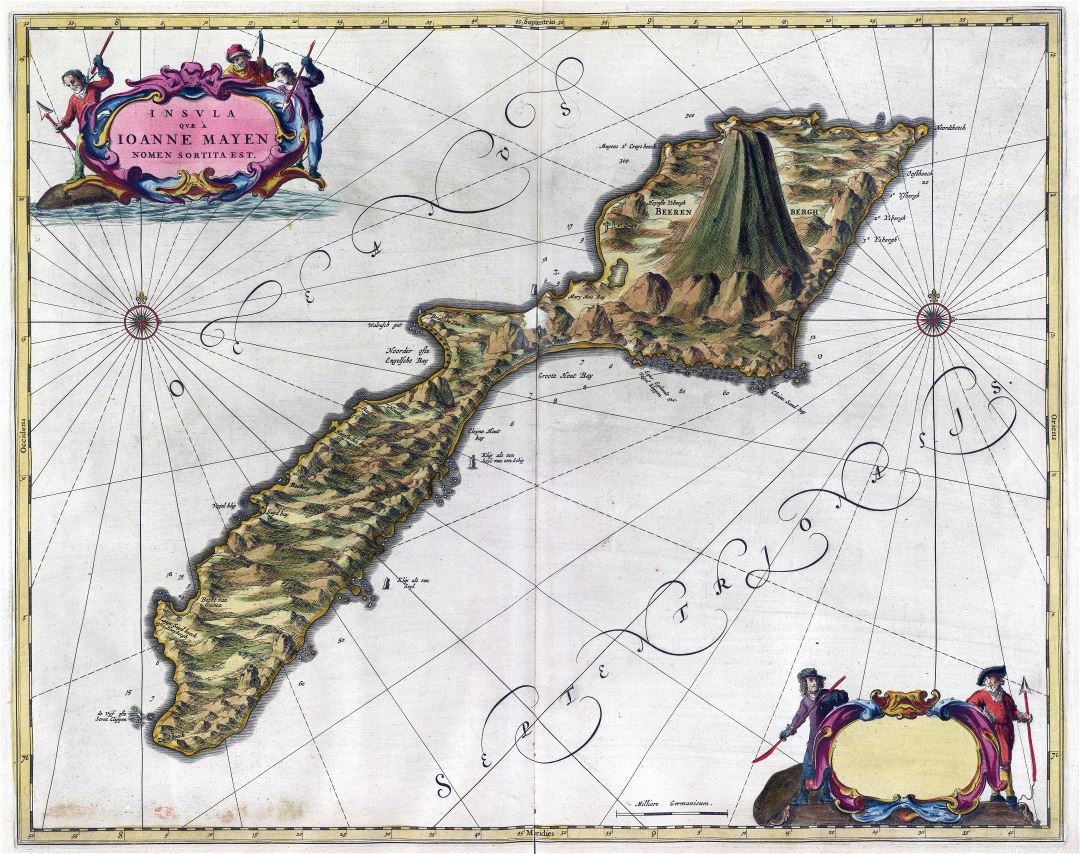 A gran escala viejo mapa de la Isla de Jan Mayen con alivio