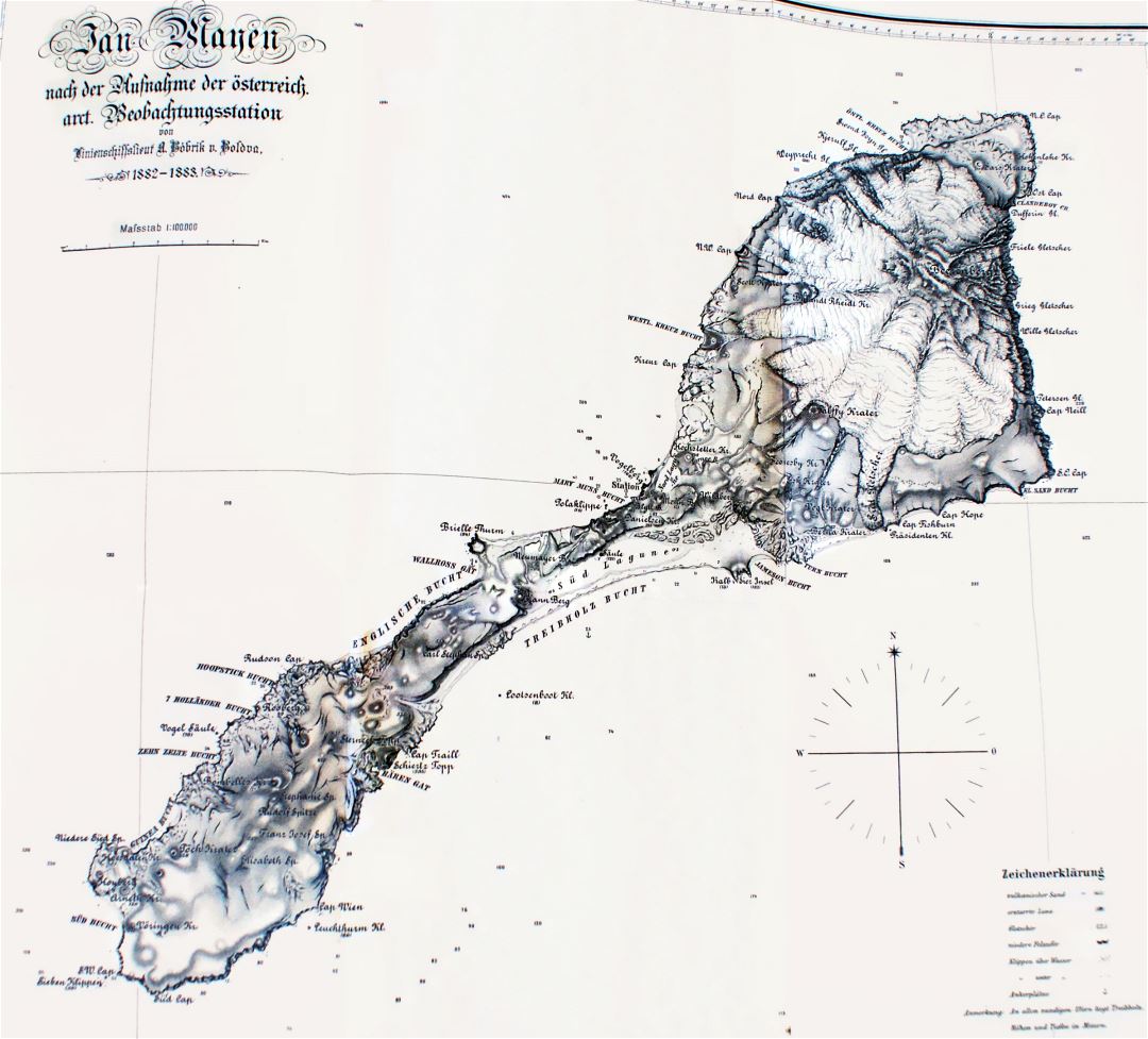 Mapa grande antigua detallada de la Isla de Jan Mayen con alivio - 1884