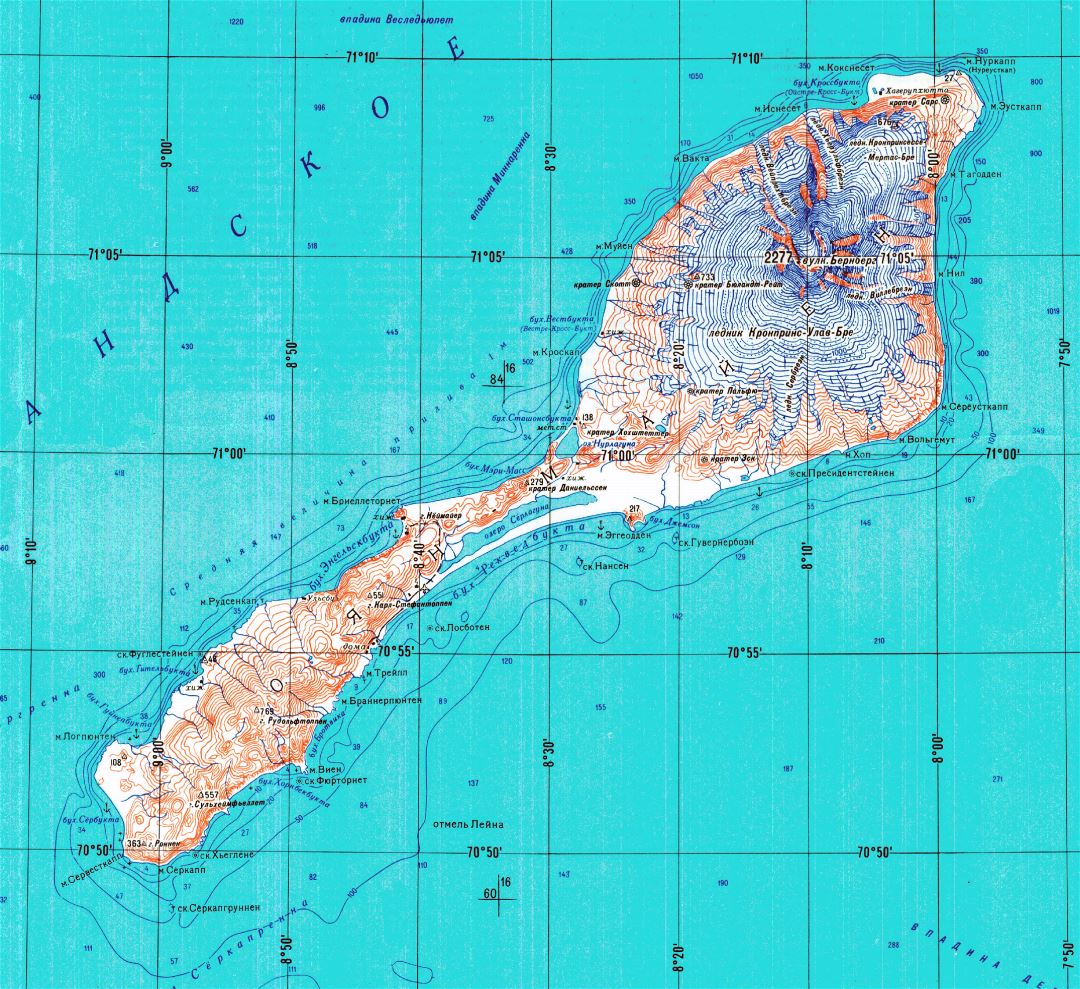 Mapa grande topográfico detallado de la Isla de Jan Mayen en ruso