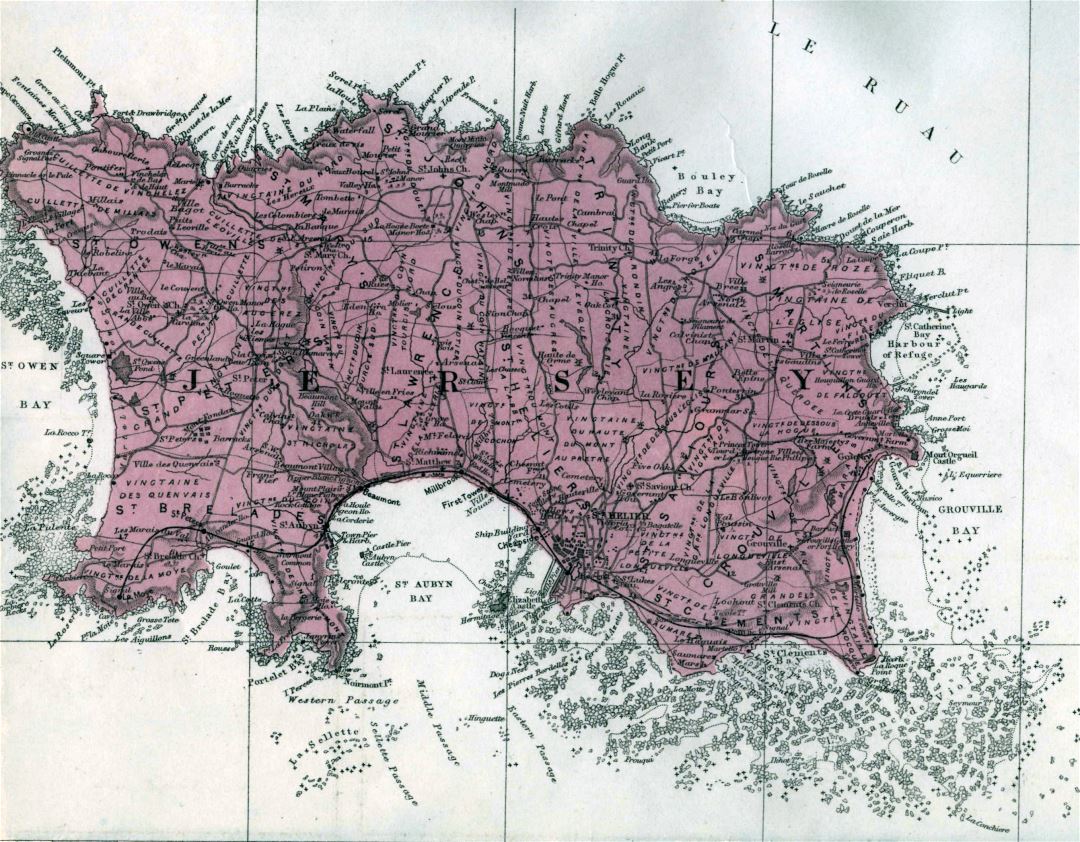 Grande hoja de ruta antigua de la Isla de Jersey con ciudades y pueblos