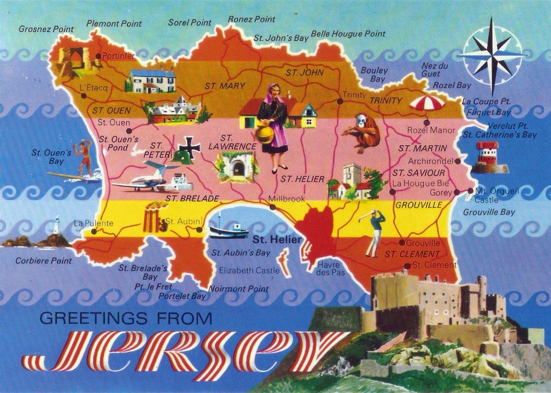 Grande turístico ilustrado mapa de la Isla de Jersey