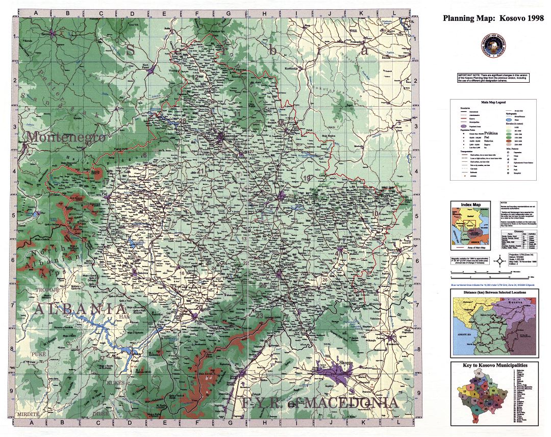 A gran escala detallado mapa de planificación de Kosovo - 1998