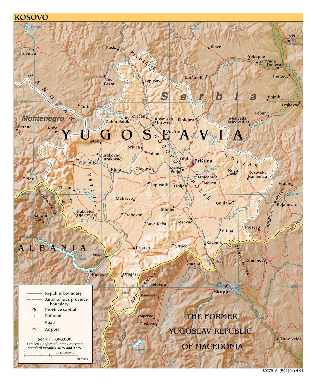 Grande detallada mapa política de Kosovo con alivio, carreteras, ferrocarriles, aeropuertos y ciudades - 2001