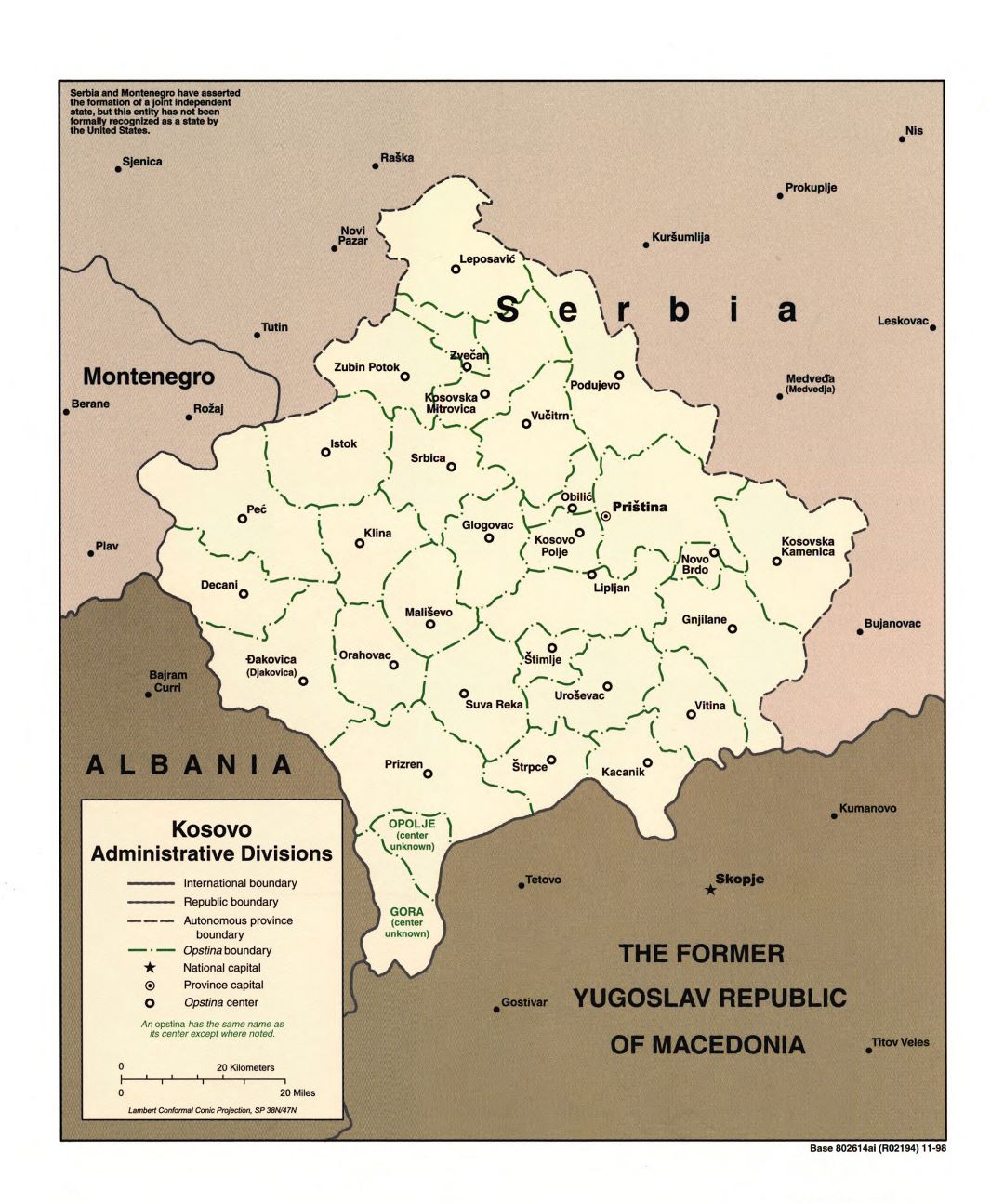 Grande detallado mapa de administrativas divisiones de Kosovo - 1998