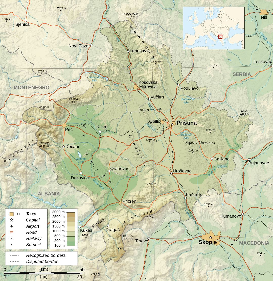 Grande detallado mapa físico de Kosovo