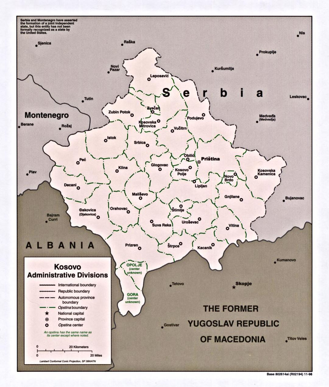 Mapa detallado de las administrativas divisiones de Kosovo - 1998