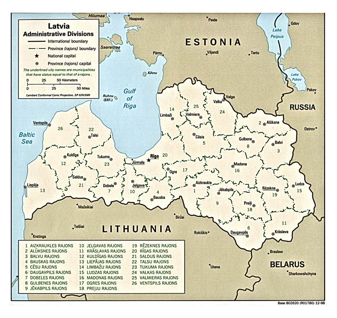 Detallado administrativas divisiones mapa de Letonia - 1998