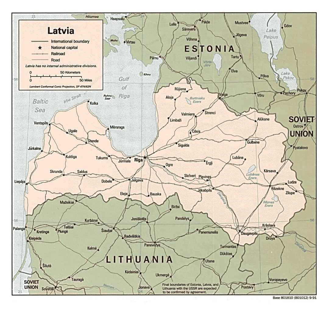 Detallado mapa político de Letonia con carreteras y principales ciudades - 1991