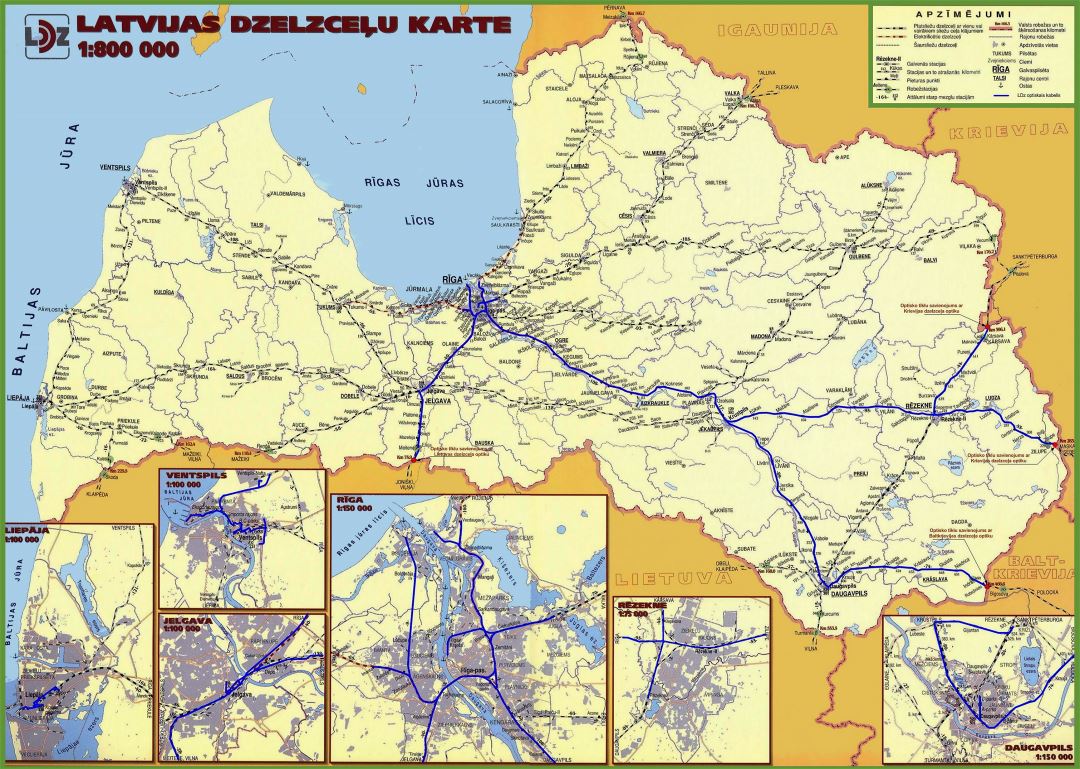 Grande detallada ferrocarriles mapa de Letonia