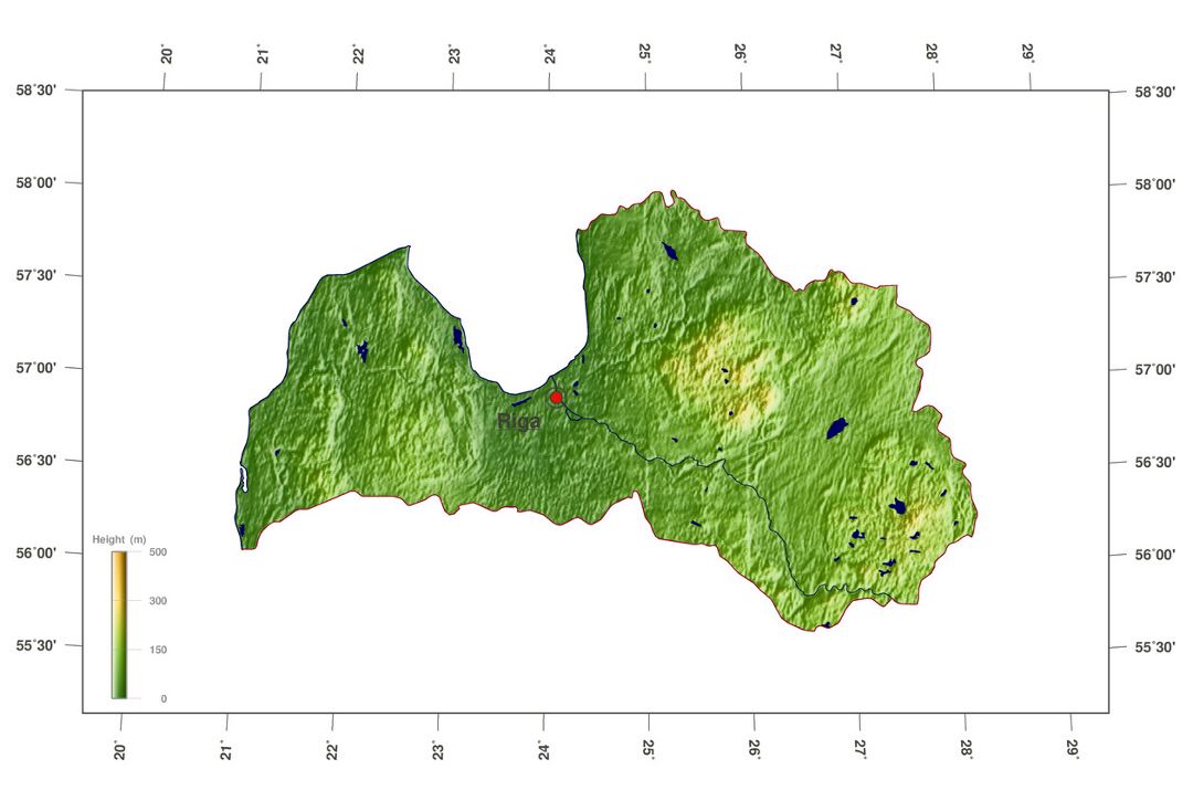 Grande mapa físico de Letonia