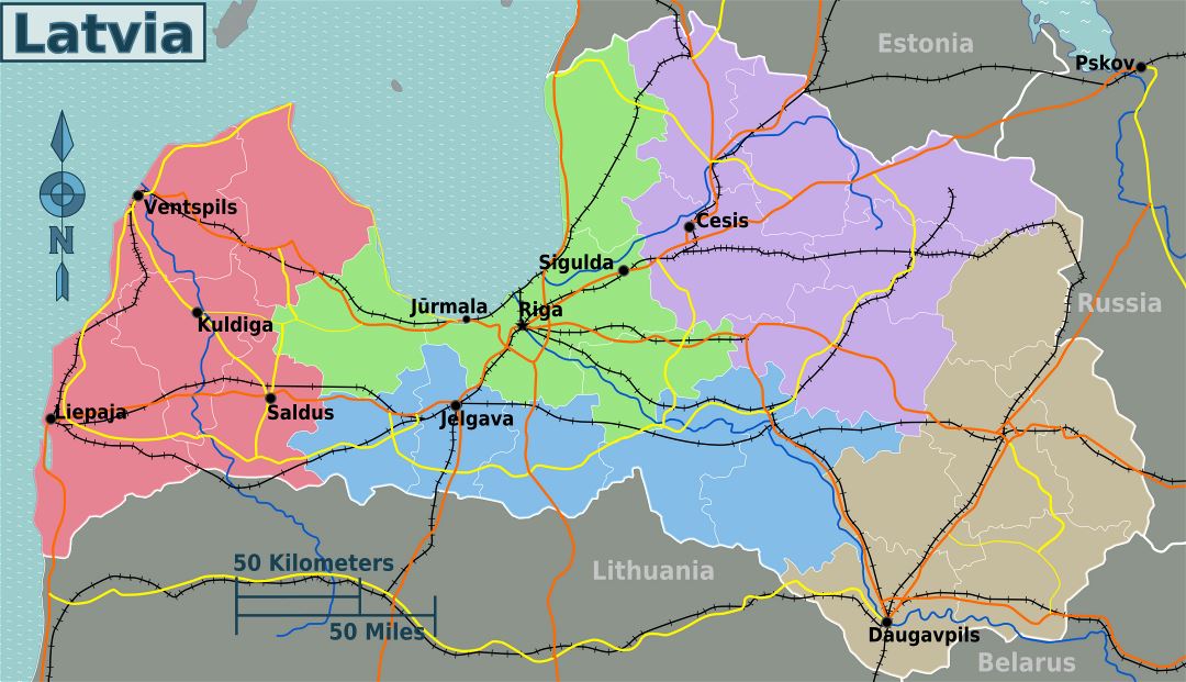 Grande regiones mapa de Letonia