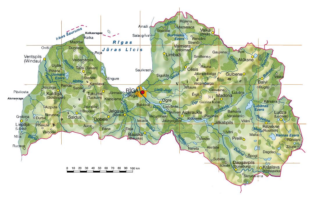 Grande topográfico mapa de Letonia