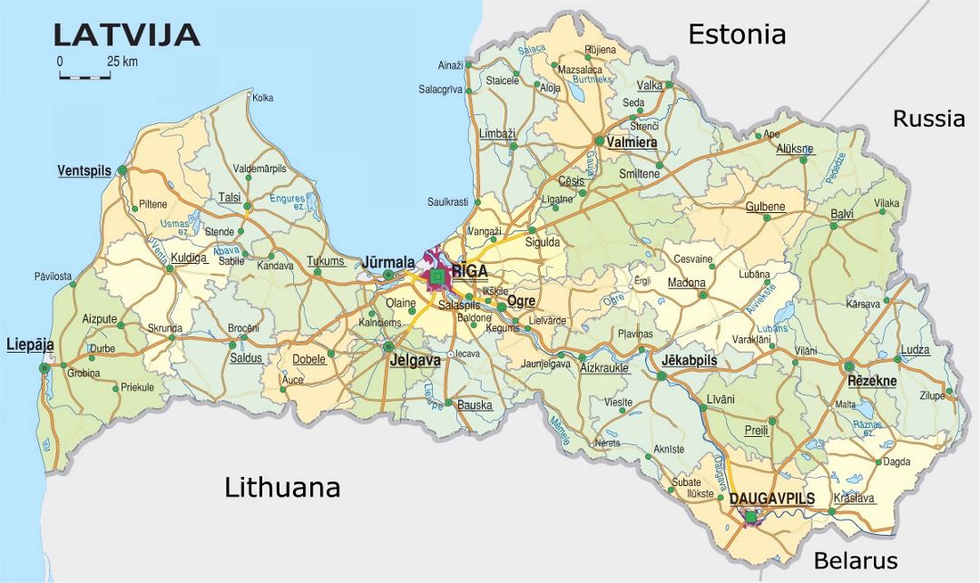 Mapa administrativo y de carreteras de Letonia