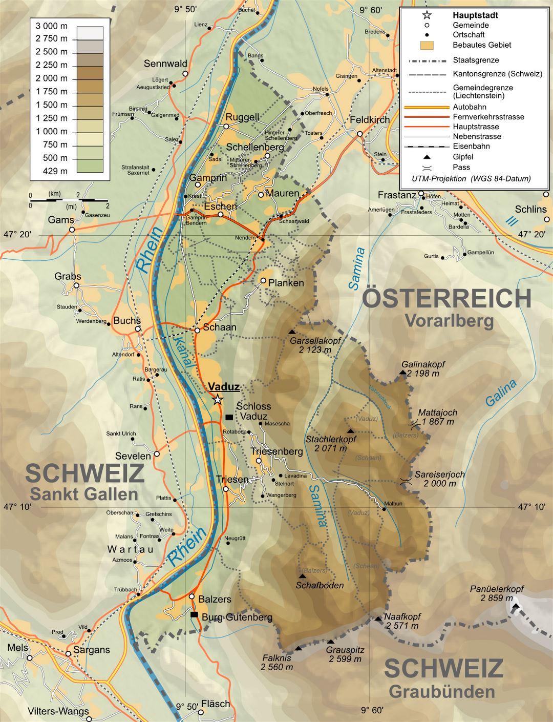 Grande detallado mapa físico de Liechtenstein con todas carreteras, ciudades y pueblos