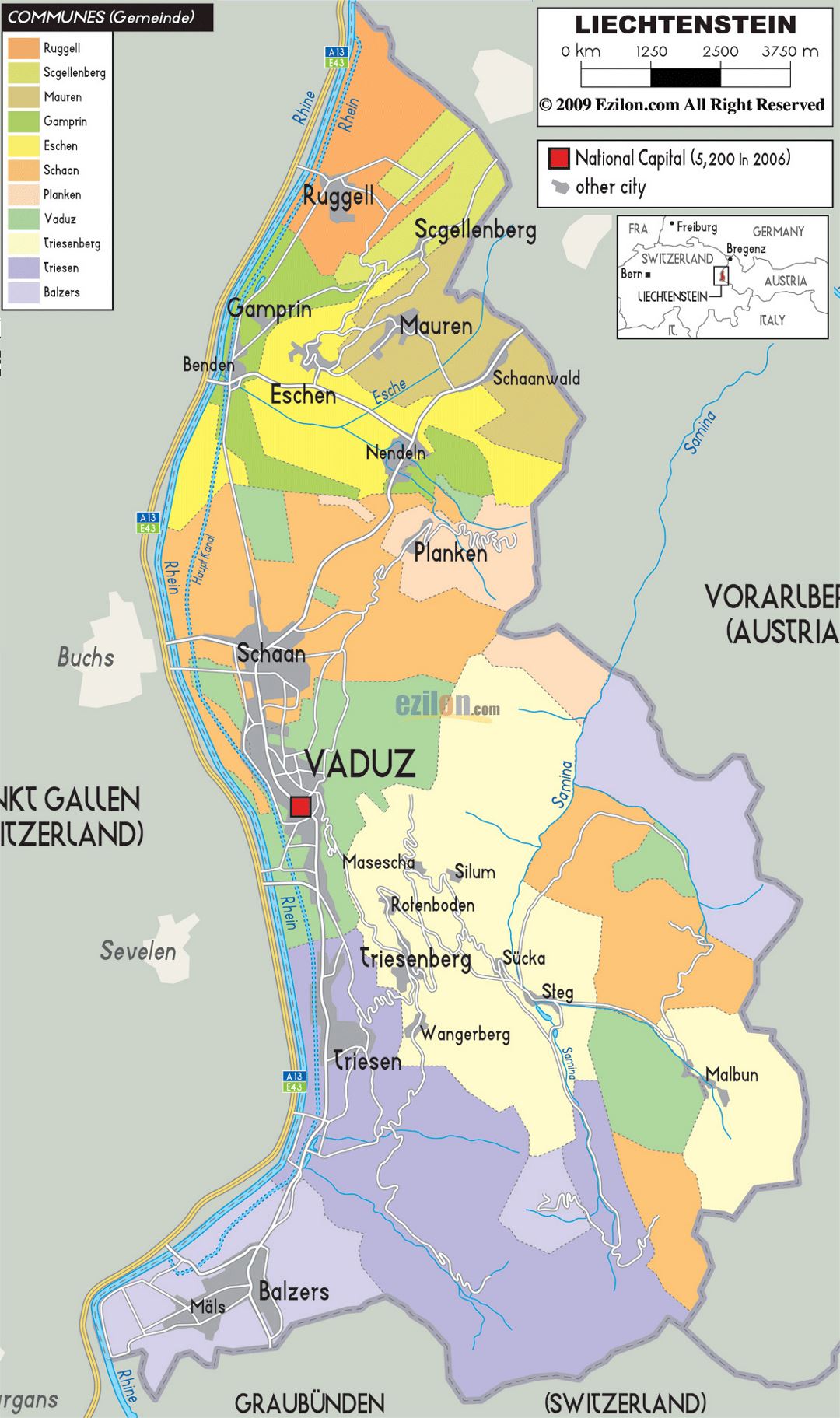 Grande mapa político y administrativo de Liechtenstein con carreteras, ciudades y pueblos