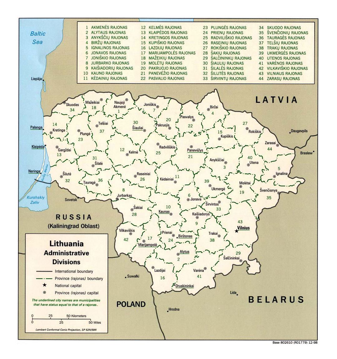 Detallado administrativas divisiones mapa de Lituania - 1998