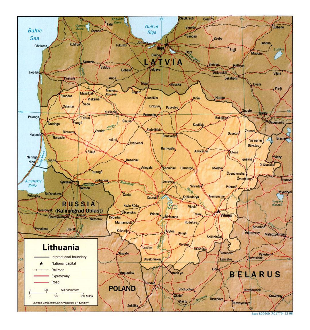 Detallado mapa político de Lituania con alivio, carreteras, vías férreas y principales ciudades - 1998