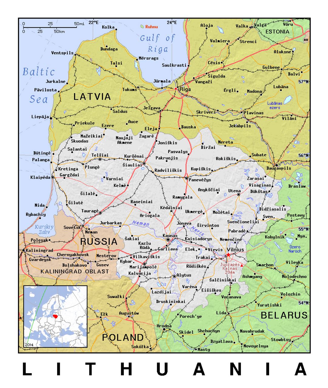 Detallado mapa político de Lituania con alivio