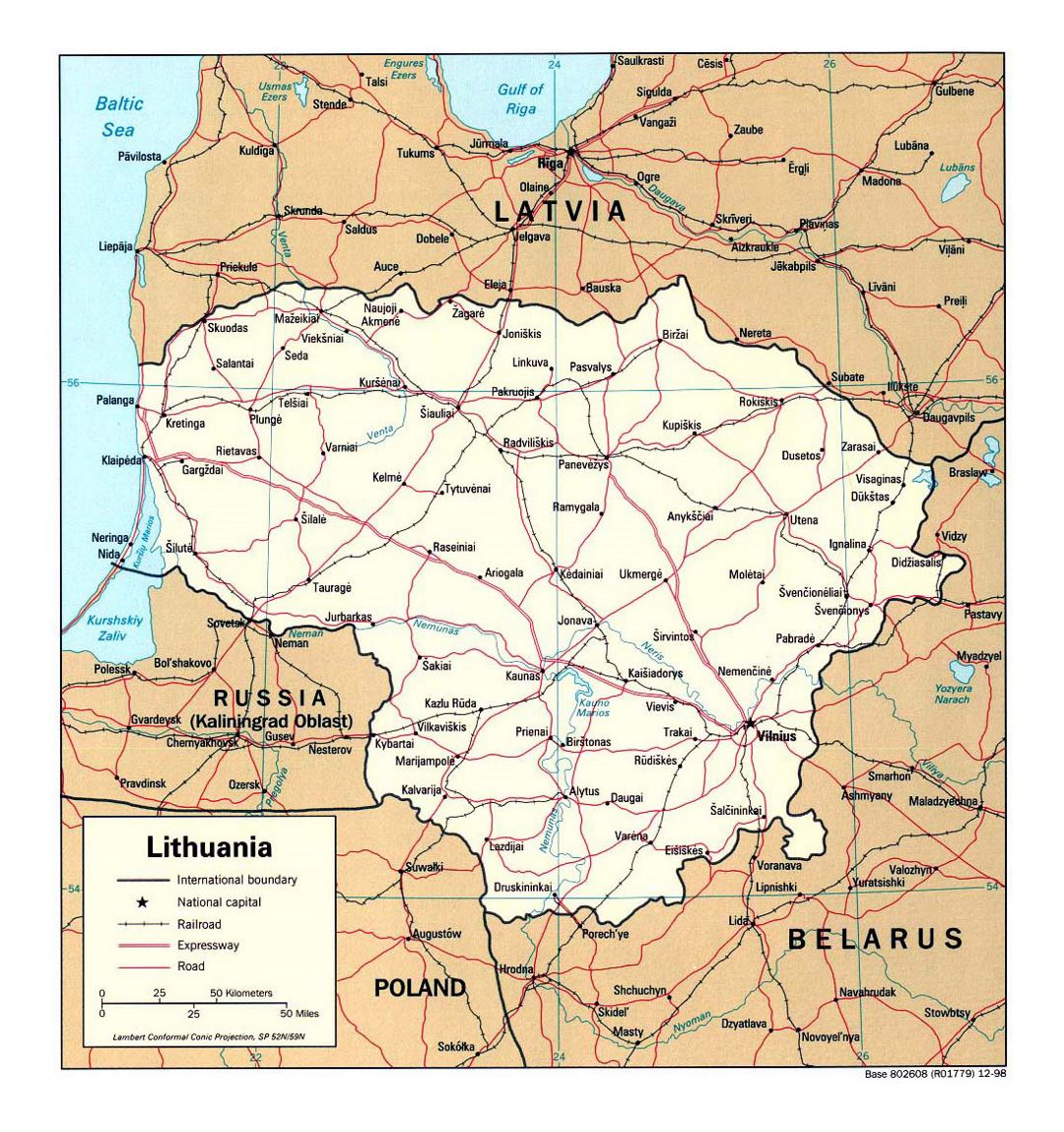 Detallado mapa político de Lituania con carreteras, ferrocarriles y principales ciudades - 1998