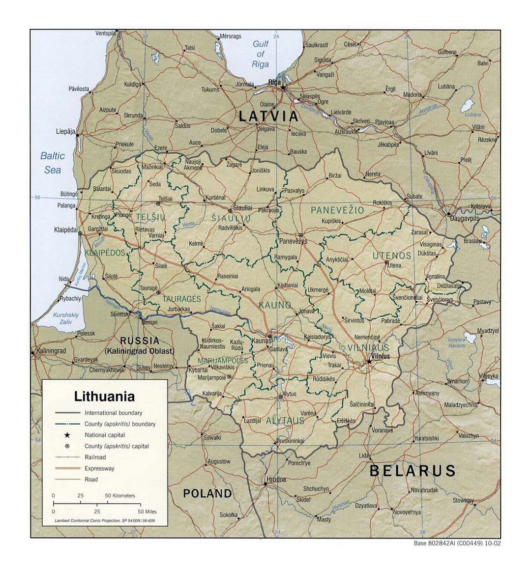 Detallado mapa político y administrativo de Lituania con alivio, carreteras, vías férreas y principales ciudades - 2002