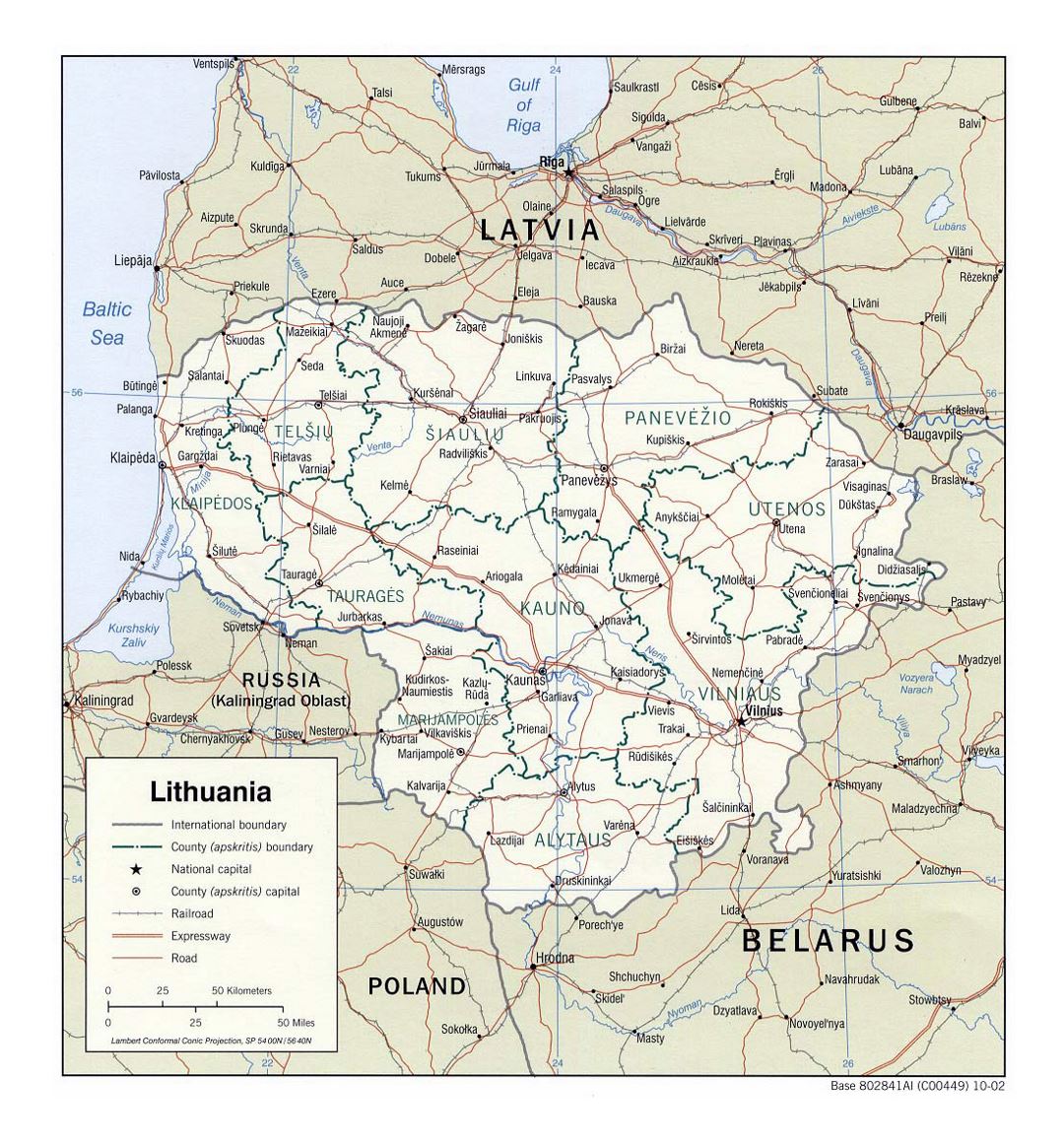 Detallado mapa político y administrativo de Lituania con carreteras, ferrocarriles y principales ciudades - 2002