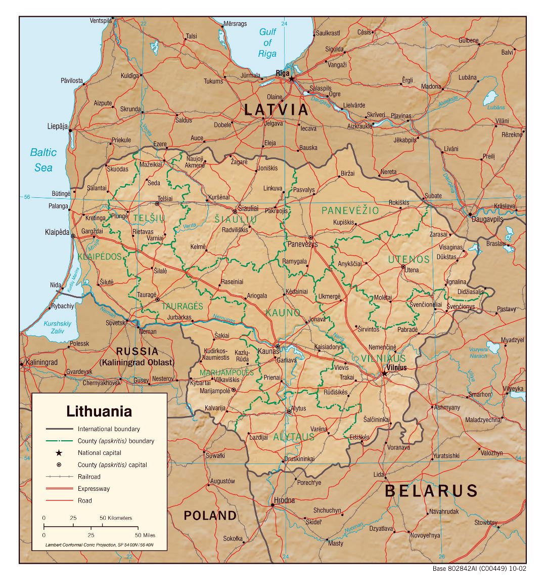 Gran escala mapa político y administrativo de Lituania con alivio, carreteras, vías férreas y principales ciudades - 2002