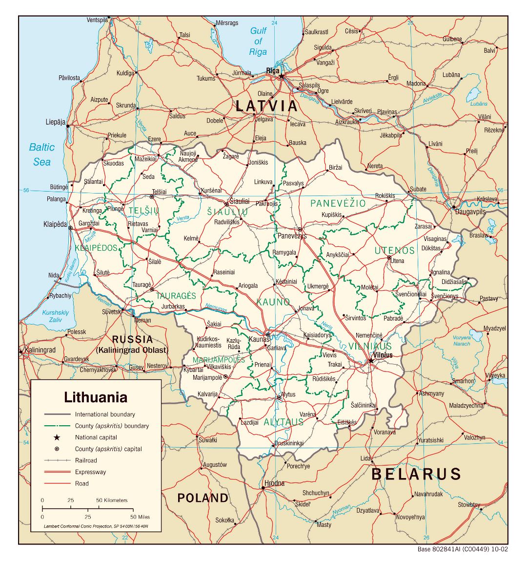 Gran escala mapa político y administrativo de Lituania con carreteras, ferrocarriles y principales ciudades - 2002