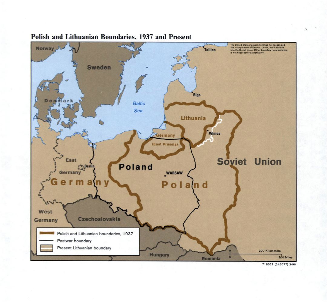 Grande detallado mapa de polaco y lituano límites de 1937 y el presente