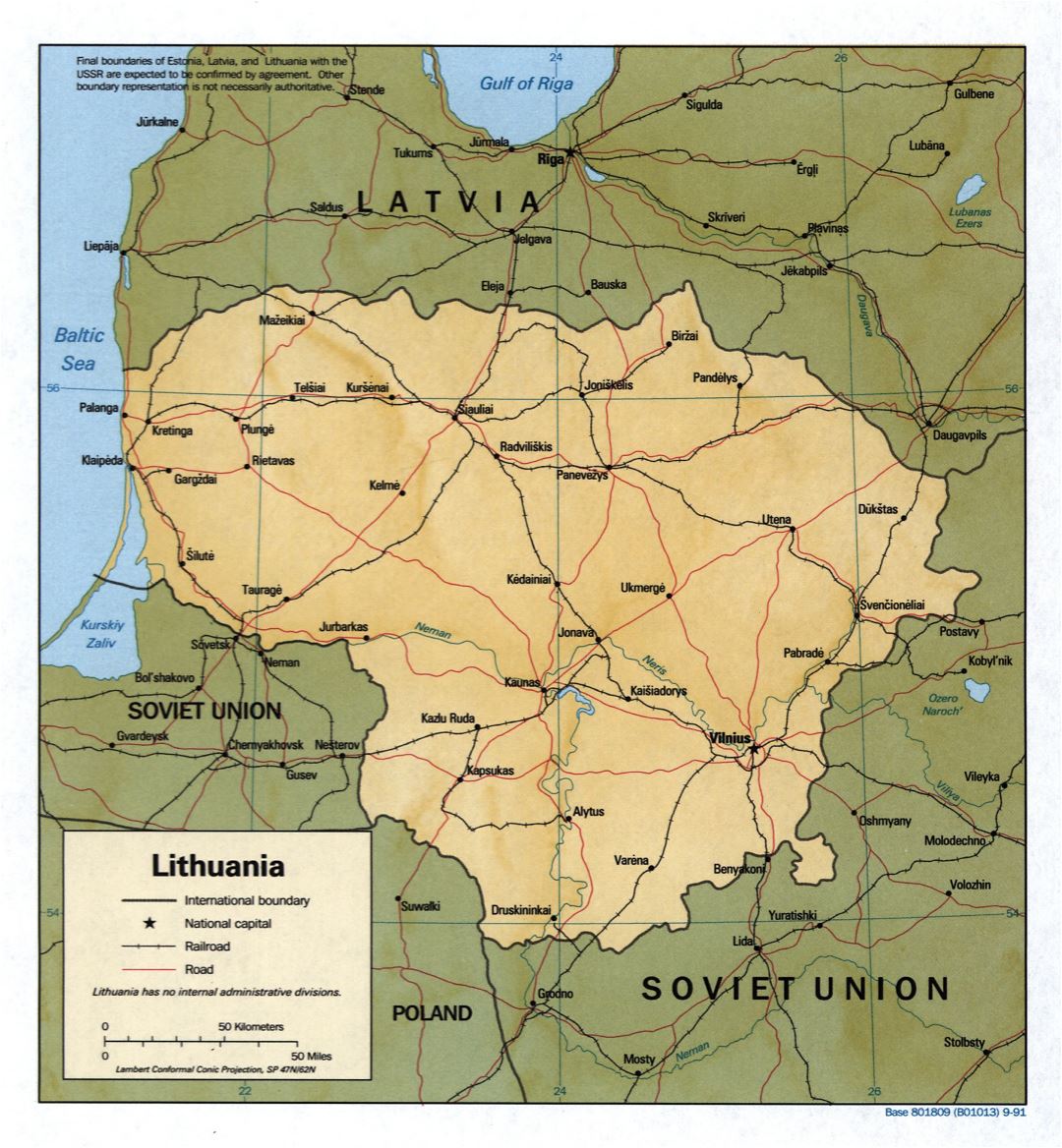 Grande detallado mapa política de Lituania con alivio, carreteras, vías férreas y principales ciudades - 1991