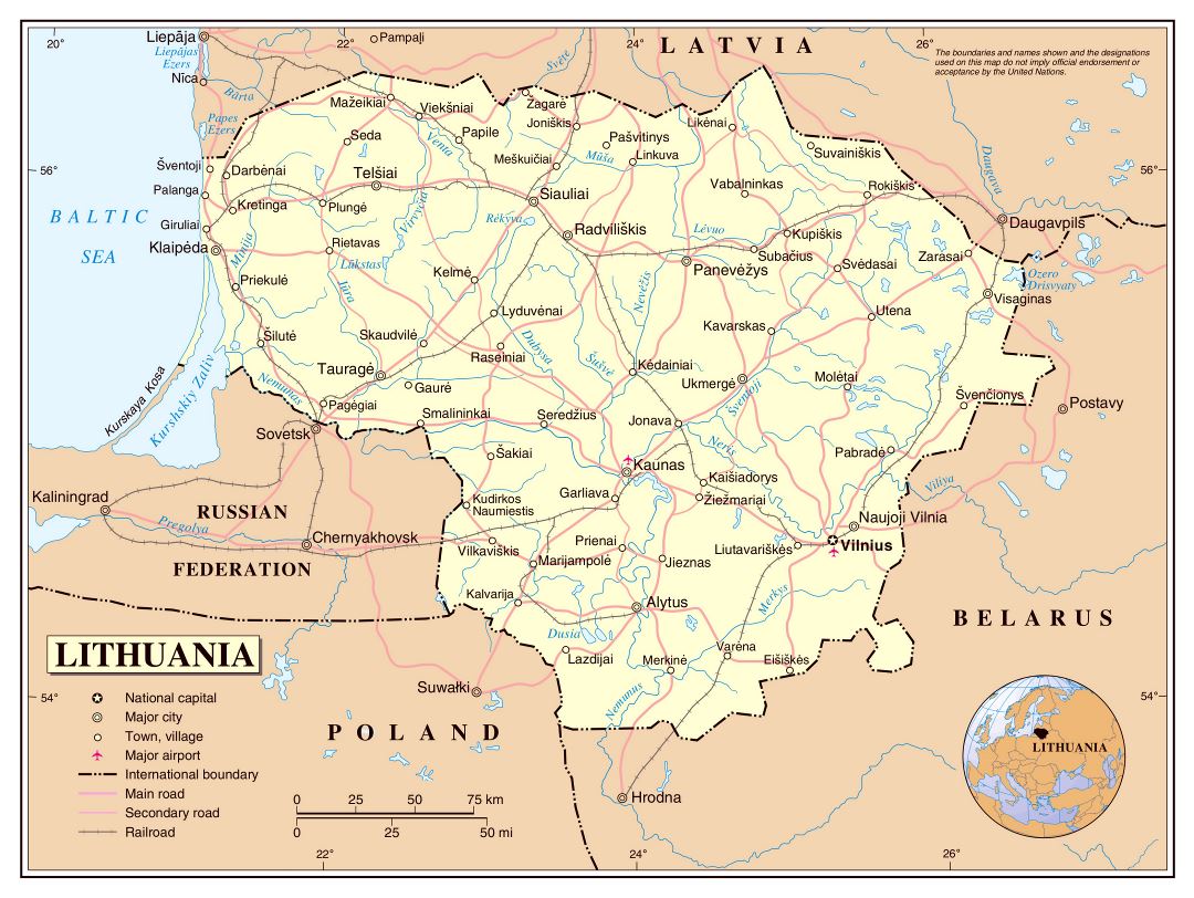 Grande detallado mapa política de Lituania con carreteras, ferrocarriles, aeropuertos y principales ciudades