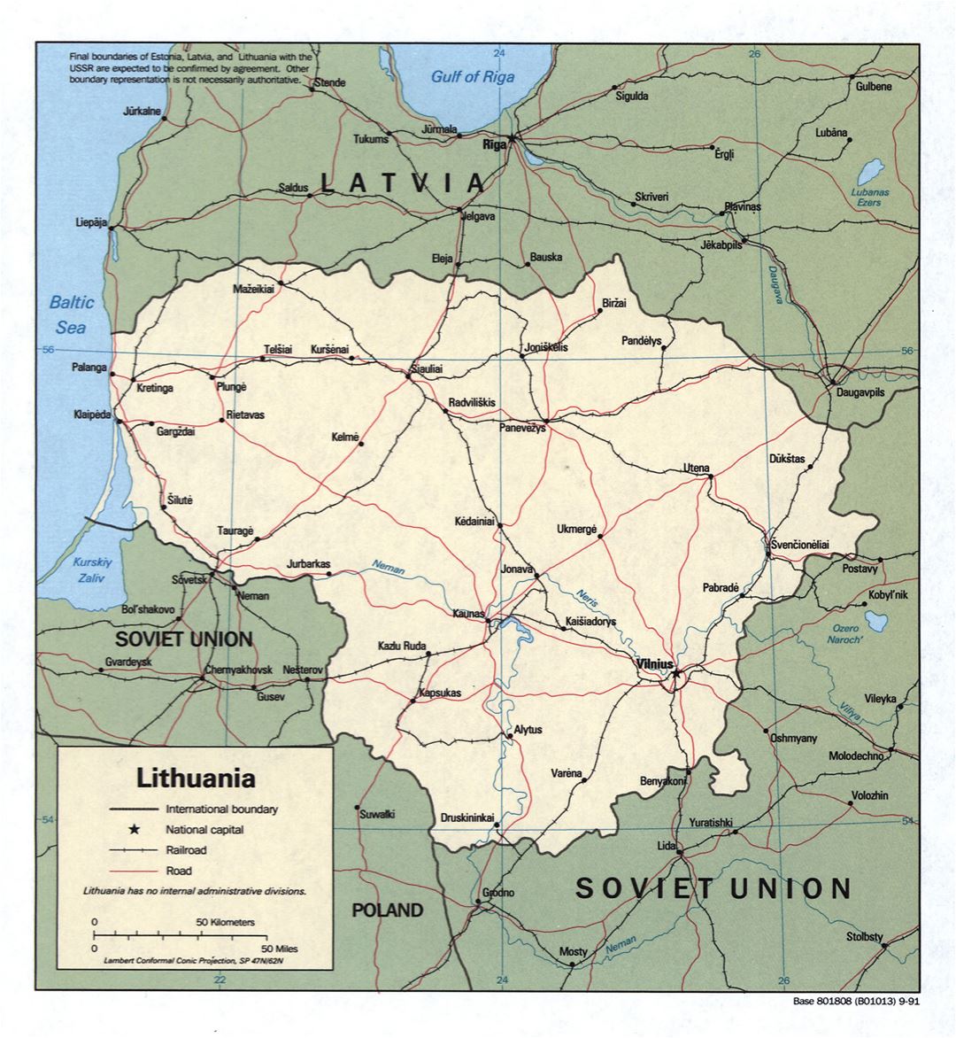Grande detallado mapa política de Lituania con carreteras, ferrocarriles y principales ciudades - 1991