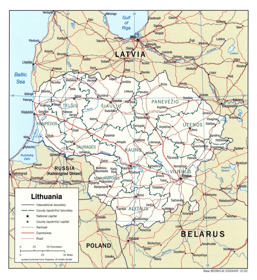 Grande detallado mapa política y administrativa de Lituania con carreteras, ferrocarriles y principales ciudades - 2002