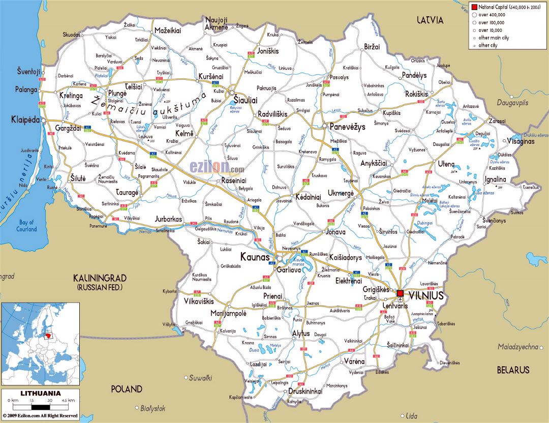 Grande hoja de ruta de Lituania con ciudades y aeropuertos