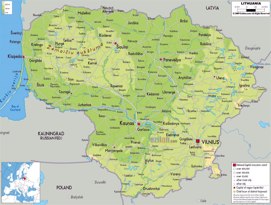 Grande mapa físico de Lituania con carreteras, ciudades y aeropuertos