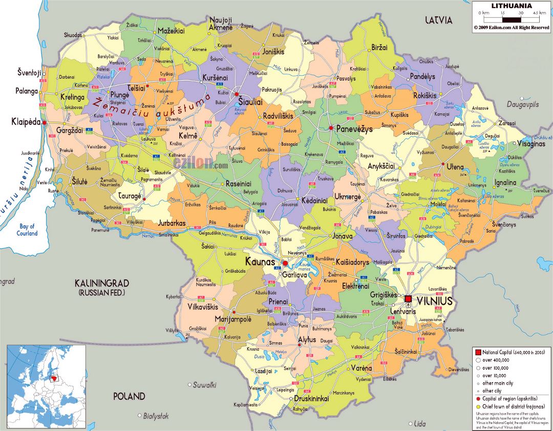 Grande mapa político y administrativo de Lituania con carreteras, ciudades y aeropuertos