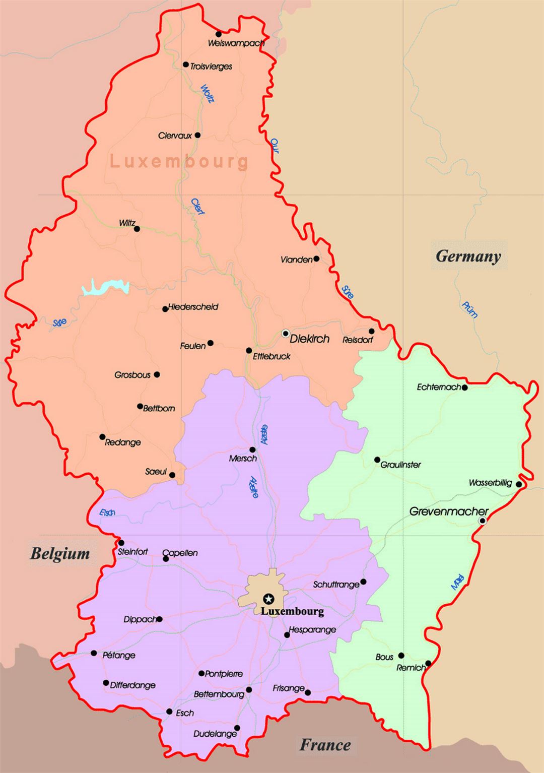 Detallado mapa administrativo de Luxemburgo con carreteras y ciudades principales
