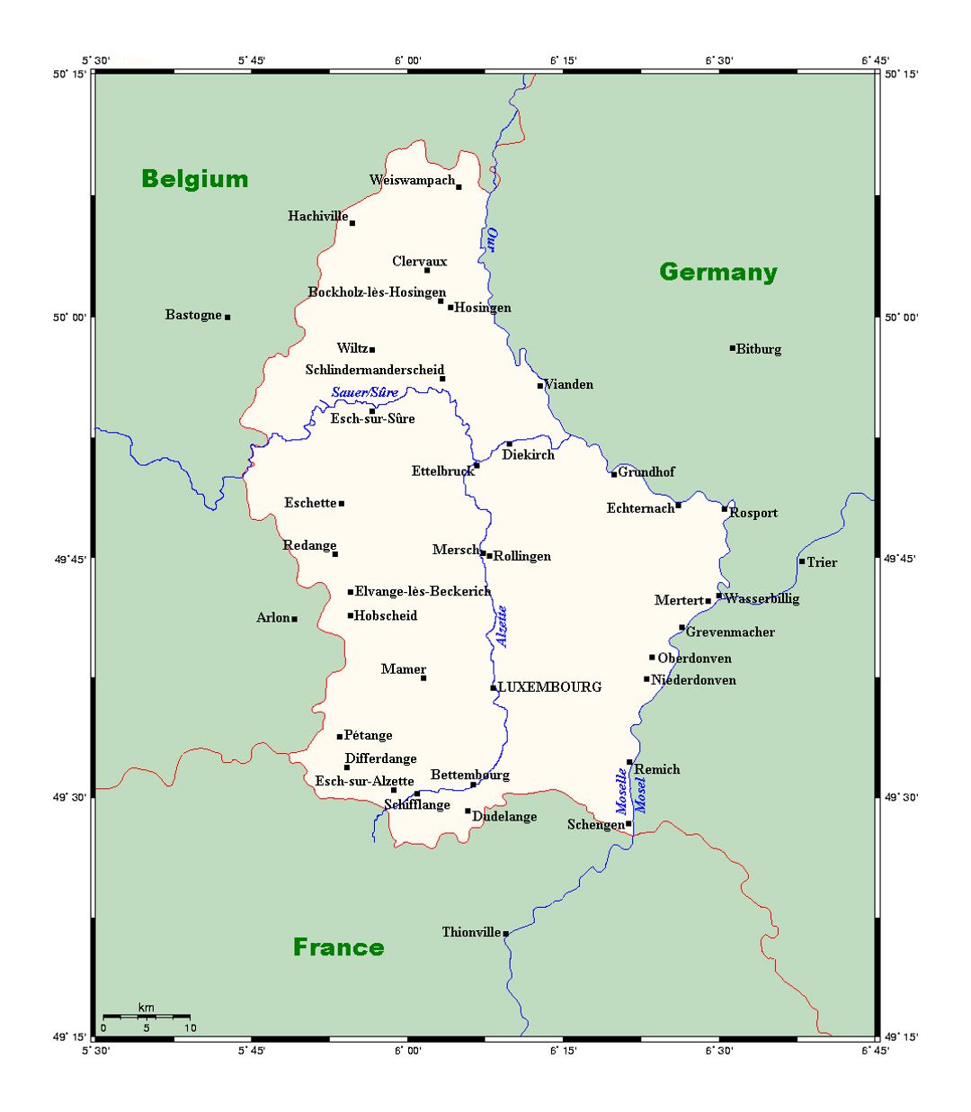 Detallado mapa de Luxemburgo con principales ciudades