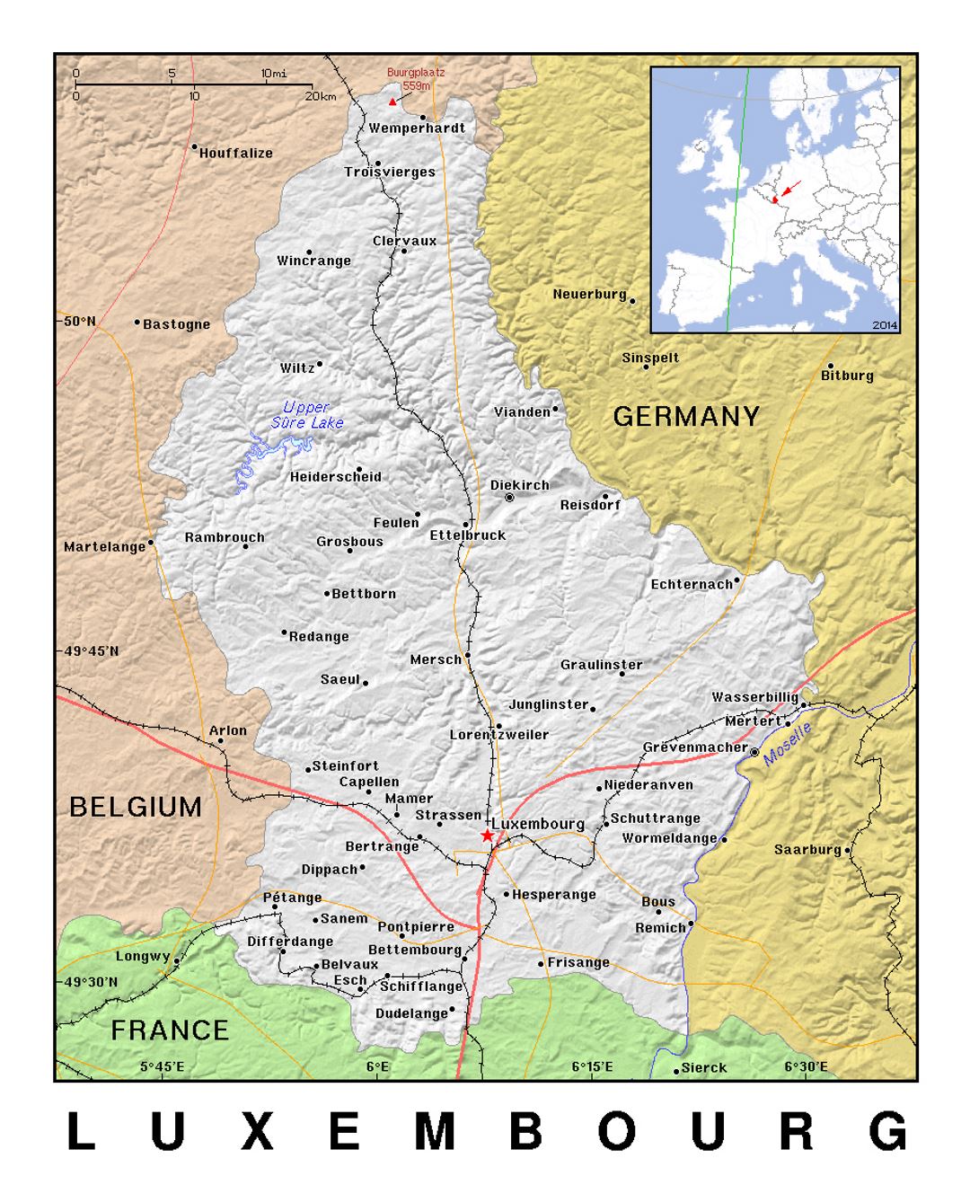 Detallado mapa político de Luxemburgo con alivio