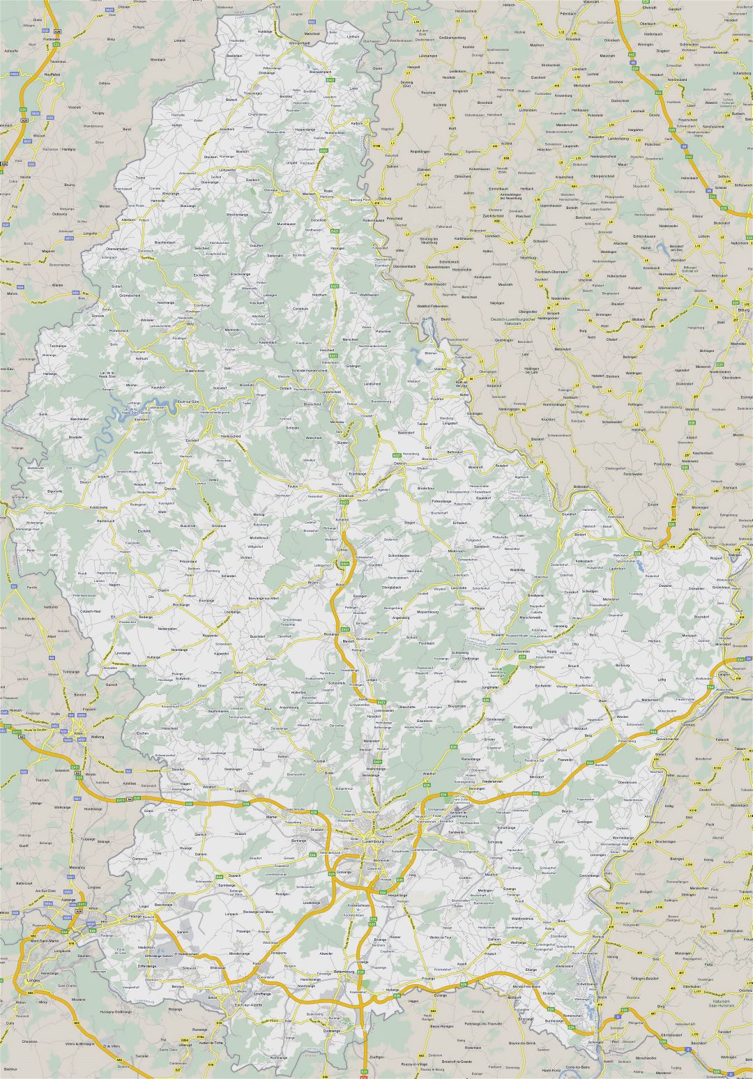 Grande detallado hoja de ruta de Luxemburgo con todas ciudades