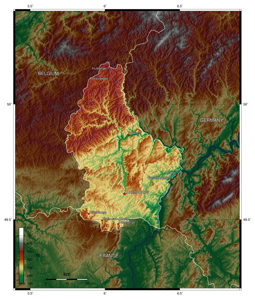 Grande mapa físico de Luxemburgo