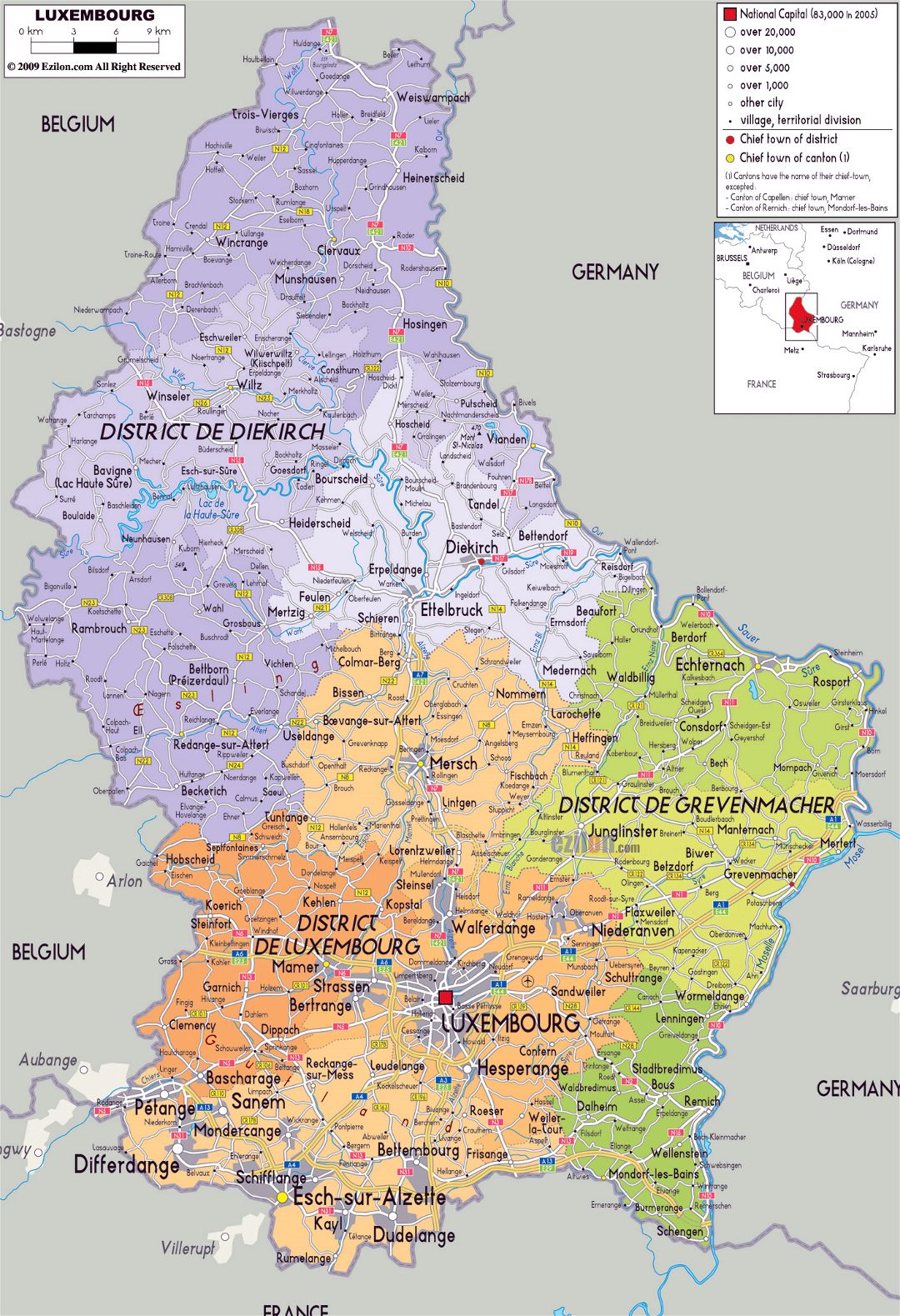 Grande mapa político y administrativo de Luxemburgo con carreteras, ciudades y aeropuertos