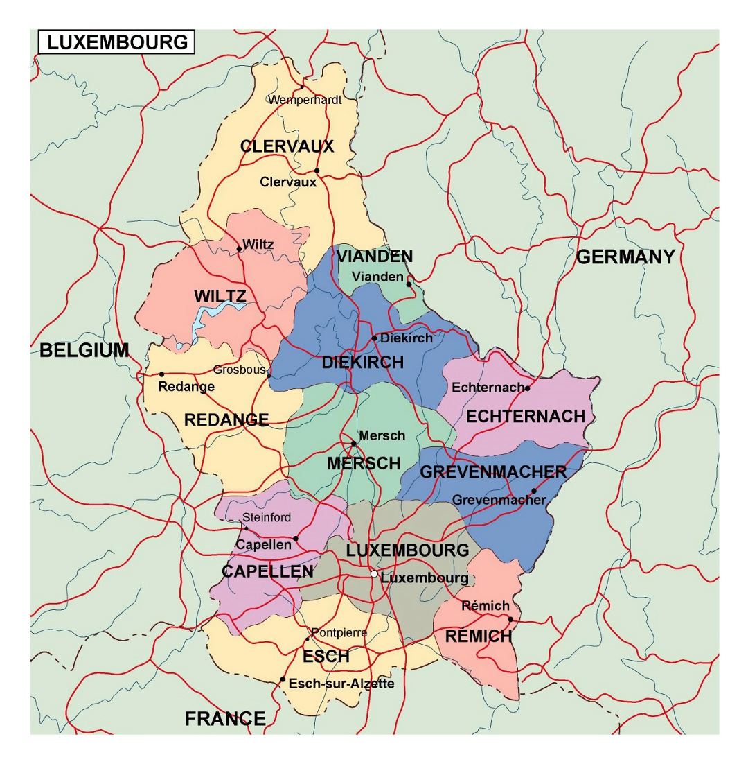 Grande mapa político y administrativo de Luxemburgo con carreteras y principales ciudades