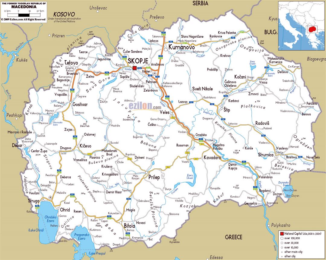 Grande mapa de carreteras de Macedonia con ciudades y aeropuertos