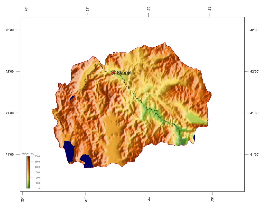 Grande mapa de elevación de Macedonia