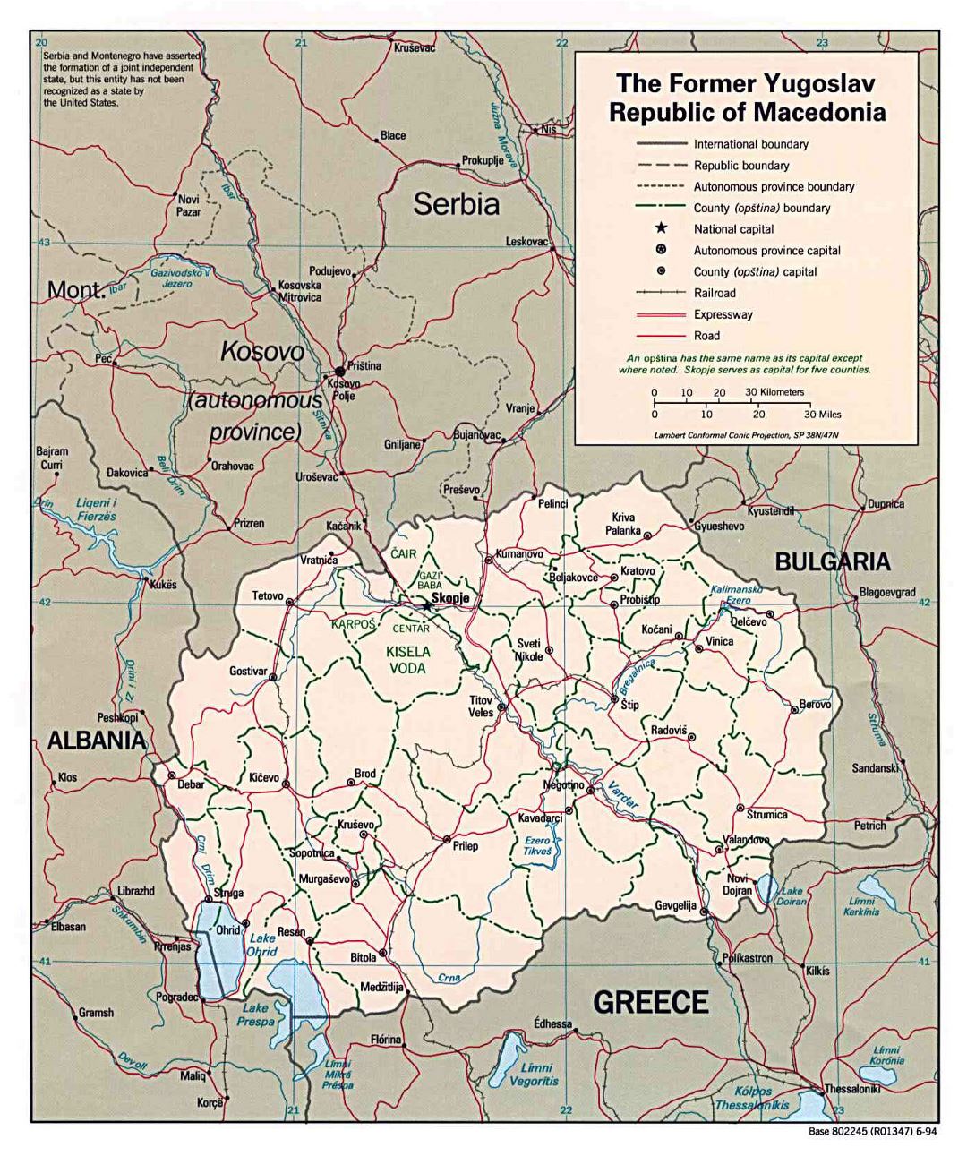 Grande mapa político y administrativo de Macedonia con carreteras y principales ciudades - 1994